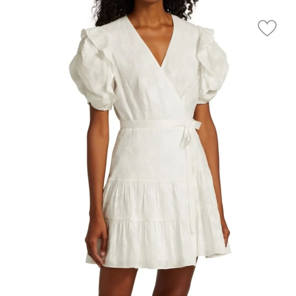 TANYA TAYLOR white floral Kimora Wrap Mini Dress. Ruffles Size 8. Retail $465.